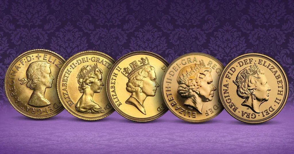 Side-by-side comparison of Queen Elizabeth’s five coin portraits